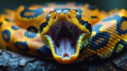 Ball Python: Curled up in a symmetrical coil, showcasing its intricate pattern. - obrazy, fototapety, plakaty