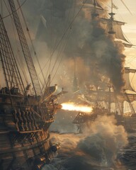A historical scene depicting an ageofsail warship firing its cannons during a naval battle, with dense smoke billowing from the gun ports, capturing the intensity and chaos of maritime warfare - obrazy, fototapety, plakaty