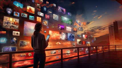 social networking services, streaming videos. The image signifies the intersection of digital content, community, and innovation.