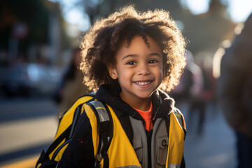 Radiant schoolgirl with curly hair and a yellow vest near a school bus on an autumn day