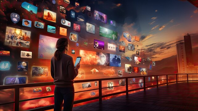 social networking services, streaming videos. The image signifies the intersection of digital content, community, and innovation.