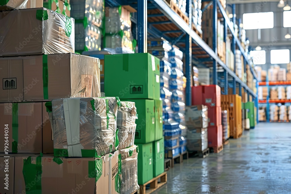 Poster a large warehouse bustling with activity as workers move boxes around in a reverse logistics process