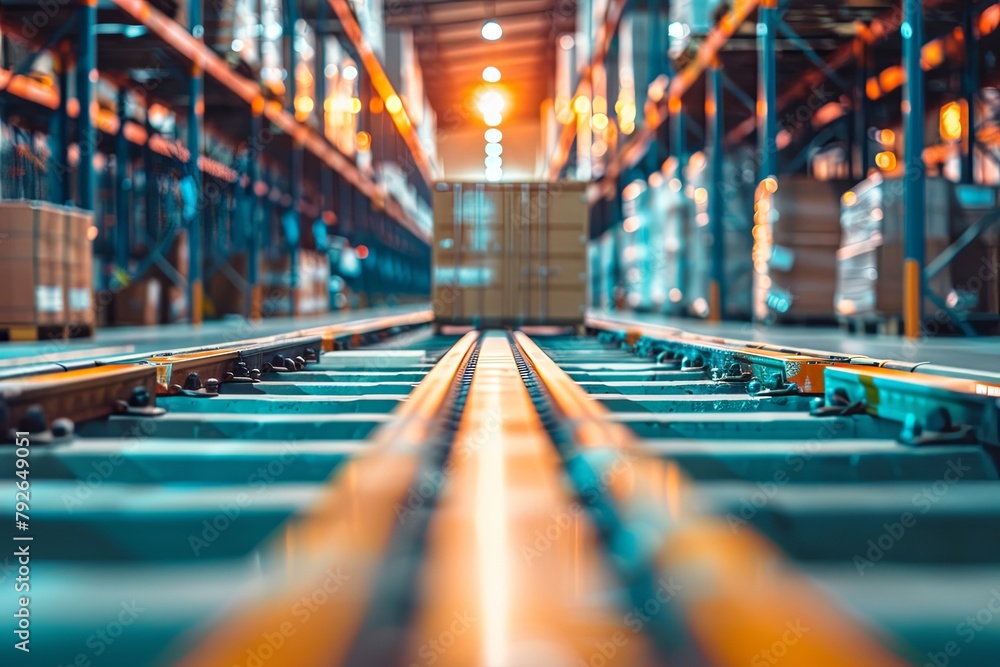 Poster a warehouse displaying an organized supply chain with numerous shelves filled with neatly stacked bo