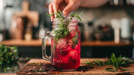 Closeup of a hand grasping a mason jar filled with a deep red liquid infused with aromatic herbs and topped with ice cubes. .