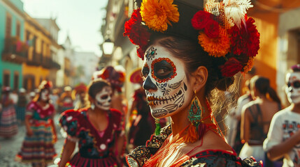 A joyous Day of the Dead street procession with traditional music and dancing.