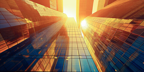 Bottom view of modern skyscrapers in a business district against a blue sky during sunny golden hour. Low angle view of glass facade of office building in financial center - Powered by Adobe