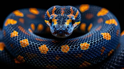 Fototapeta premium Ball Python: Curled up in a symmetrical coil, showcasing its intricate pattern.