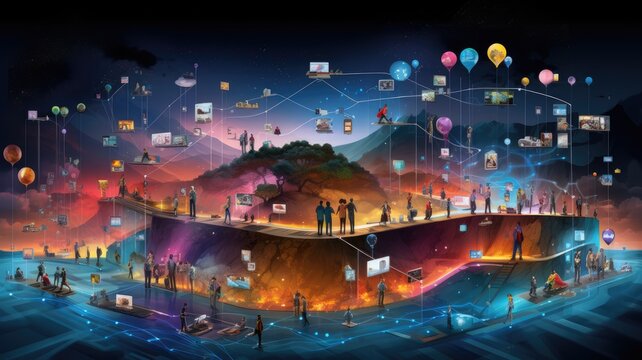 social networking services, streaming videos. The image signifies the intersection of digital content, community, and innovation.