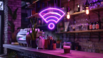A neon purple wifi icon displayed prominently at a tech cafe, indicating available internet connection with a stylish and contemporary flair - obrazy, fototapety, plakaty