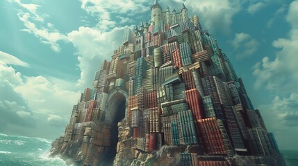 A castle made of books and scrolls in a realm of knowledge and wisdom - obrazy, fototapety, plakaty