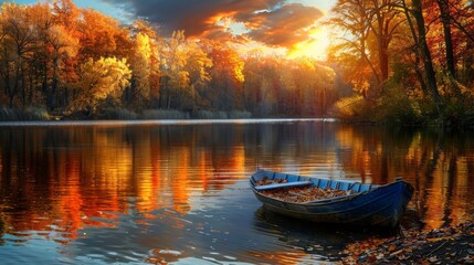 Serene autumn landscape with vibrant foliage, lake, and a solitary boat drifting amidst the serene setting. - obrazy, fototapety, plakaty
