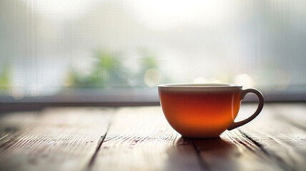 a solitary tea cup resting on a wooden table - obrazy, fototapety, plakaty