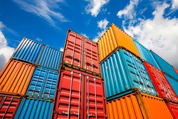 Fototapeta premium A stack of vibrant and diverse shipping containers set against a clear blue sky. Generative AI