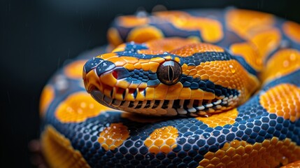 Fototapeta premium Ball Python: Curled up in a symmetrical coil, showcasing its intricate pattern.