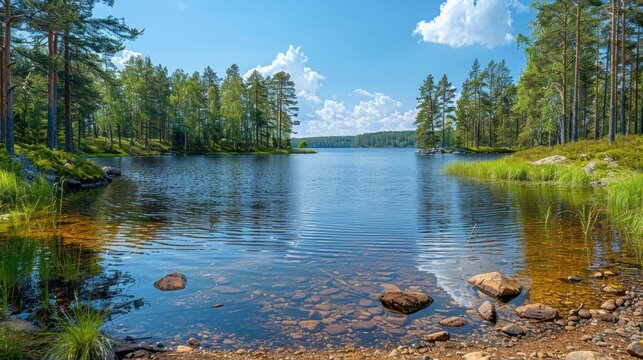 Tranquil lake scene in Sweden, featuring vibrant greenery, azure skies, and warm sunlight