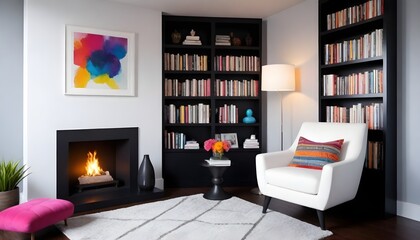 A cozy reading nook tucked away in a corner of the house, furnished with a plush white armchair and a sleek black bookshelf filled with literary treasures.
