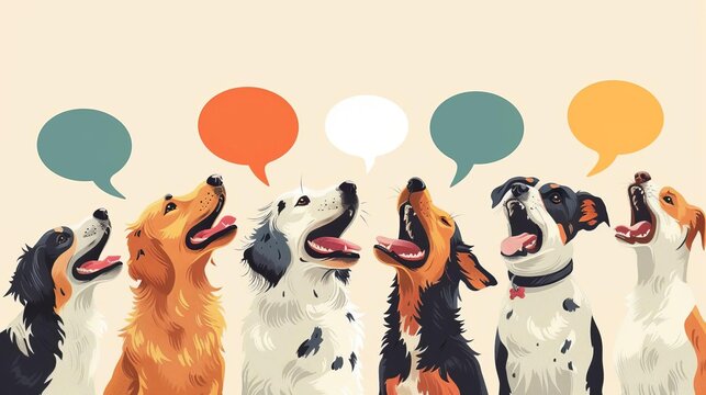 Cartoon illustration of various dogs barking, each with a unique comic bubble, part of an educational book about understanding pet sounds