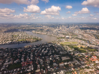Brisbane city aerial view, CBD and river, suburbs suburbia, Queensland, Australia.  Travel,...