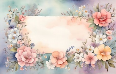 watercolor illustration of a large space for a note with small white and colorful flowers on the left side on a soft pastel background with a hint of floral pattern