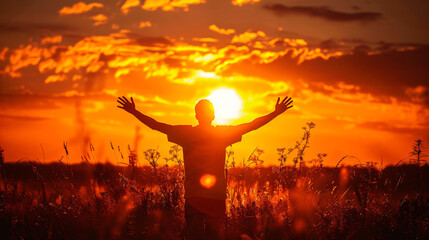 Man holding arms up in praise against sunset
