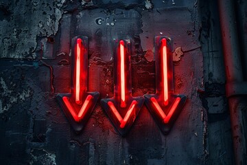 Three staggered neon red arrows pointing downwards, set against a black canvas, reflecting urgency, decline, or caution in a visually striking manner