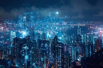 Fototapeta na wymiar Panoramic aerial view on city skyline with smart services and icons, internet of things, network and augmented reality concept, night scene with generative ai