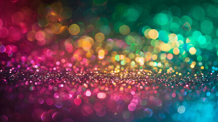 Abstract bokeh background with vibrant lights in red green blue hues, symbolizing celebration and festive mood. Neon glitter background with bright fluorescent sparkles