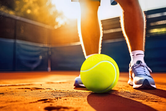 Sunlit Tennis Athlete's Legs & Tennis Ball on Clay Court
