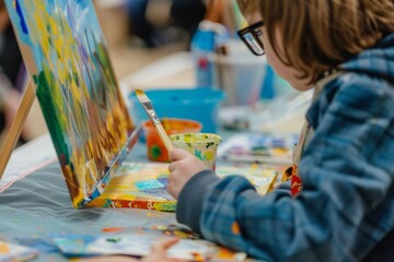 A community event where children with autism participate in art therapy sessions, expressing themselves creatively through painting and drawing, highlighting the importance of inclusive activities - obrazy, fototapety, plakaty