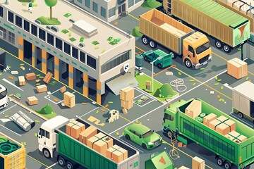 A bustling city street lined with numerous green trucks, showcasing a reverse logistics process with deliveries and transportation activities. Generative AI