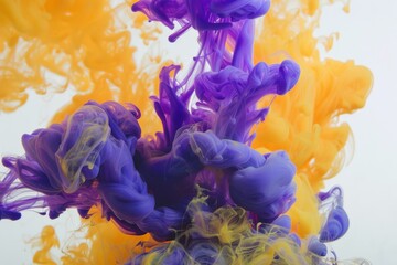 Abstract bloom of yellow and purple ink in water, a fusion of color and fluidity creating a mesmerizing effect. High quality illustration