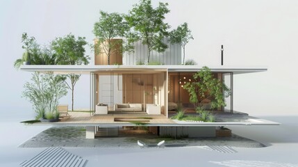 Obraz na płótnie Canvas 3d small eco friendly house model on architecture floorplan, white background, 16:9