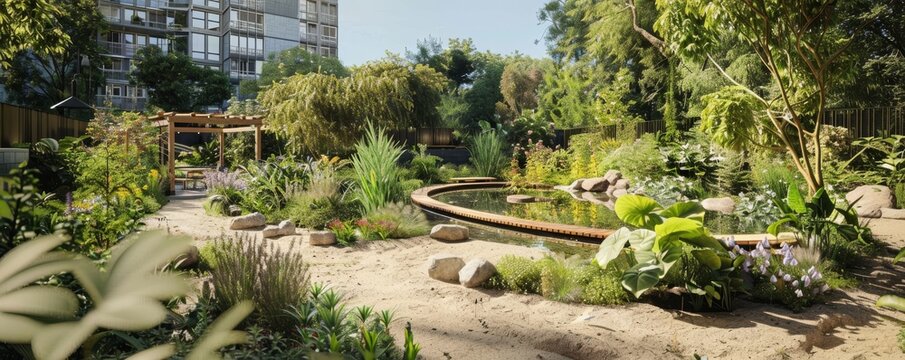 Photo of a beautiful garden with a pond, surrounded by trees and plants