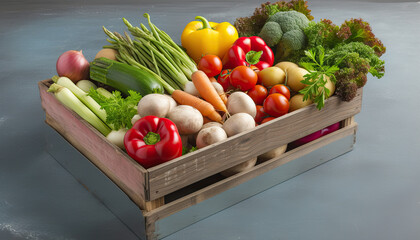 Delivery of farm packaged fruits and vegetables in wooden box. Life without waste. Ecology and nature. Sunny morning. 