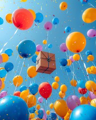 A whimsical setting of gift boxes suspended by colorful balloons against a clear, bright blue sky