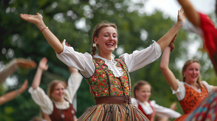 A joyous Oktoberfest folk dance performance with dancers in traditional attire.