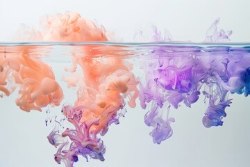 An artistic display of orange and purple ink swirling and diffusing in clear water against a white background. High quality illustration - obrazy, fototapety, plakaty