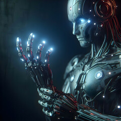 AI robot looking to his hand in wonder, future technology concept