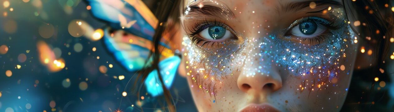 A fairy princess with iridescent makeup and tiny wings painted on her cheeks