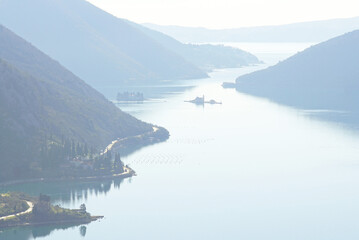 Verige Strait in Kotor Bay in the early morning - view from Gradine hill on the Adriatic sea,...