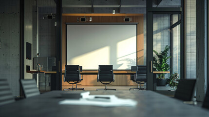 Meeting room in an office with a big tv screen 