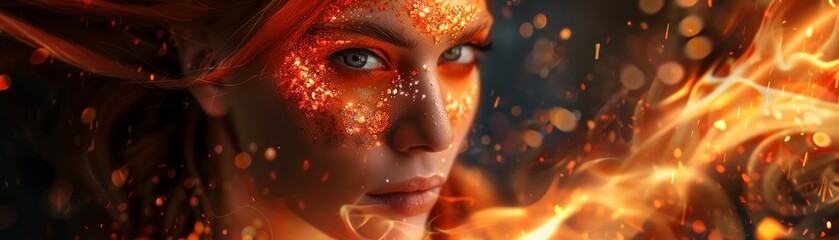 A fire princess with fiery red and orange makeup, like flames dancing on her skin