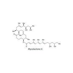 Mycolactone E skeletal structure diagram.macrolide toxin compound molecule scientific illustration on white background.
