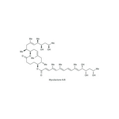 Mycolactone A/B skeletal structure diagram.macrolide toxin compound molecule scientific illustration on white background.