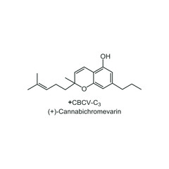 (+)-Cannabichromevarin skeletal structure diagram. compound molecule scientific illustration on white background.