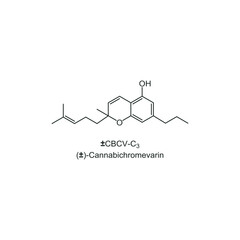(±)-Cannabivarichromene skeletal structure diagram. compound molecule scientific illustration on white background.