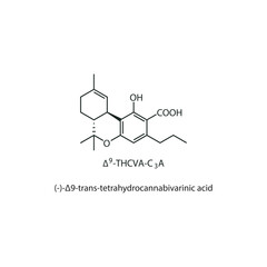 (-)-Δ9 -trans-tetrahydrocannabivarinic acid, Δ9-THCVA-C3 skeletal structure diagram.Cannabinoid compound molecule scientific illustration on white background.