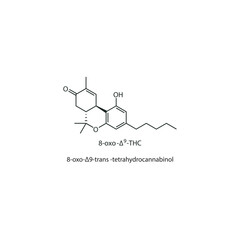 8-oxo-Δ9 -trans -tetrahydrocannabinol skeletal structure diagram. compound molecule scientific illustration on white background.