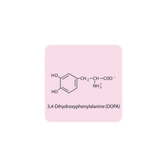 3,4-Dihydroxyphenylalanine (DOPA) skeletal structure diagram.Dopamine metabolite compound molecule scientific illustration on pink background.