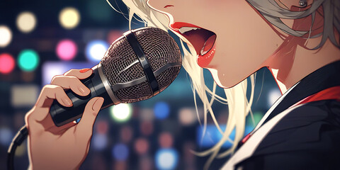 Closeup of mouth of a Professional Female Singer With Microphone, with selective focus and isolated party background, dramatic